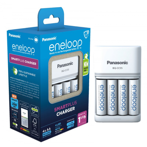 Panasonic Eneloop Genopladelig batterioplader BQ-CC55 NI-MH + 4 genopladelige batterier LR6/AA Eneloop 2000mAh